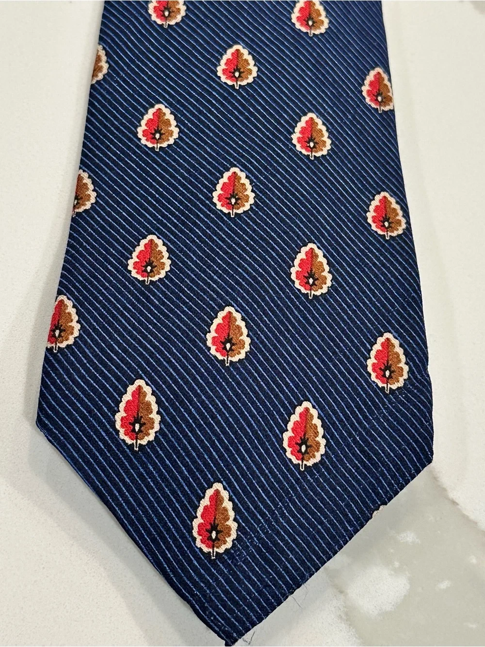 Vintage Coach Silk Neck Tie Navy Blue Red Tan Leaf Geometric Pattern Designer
